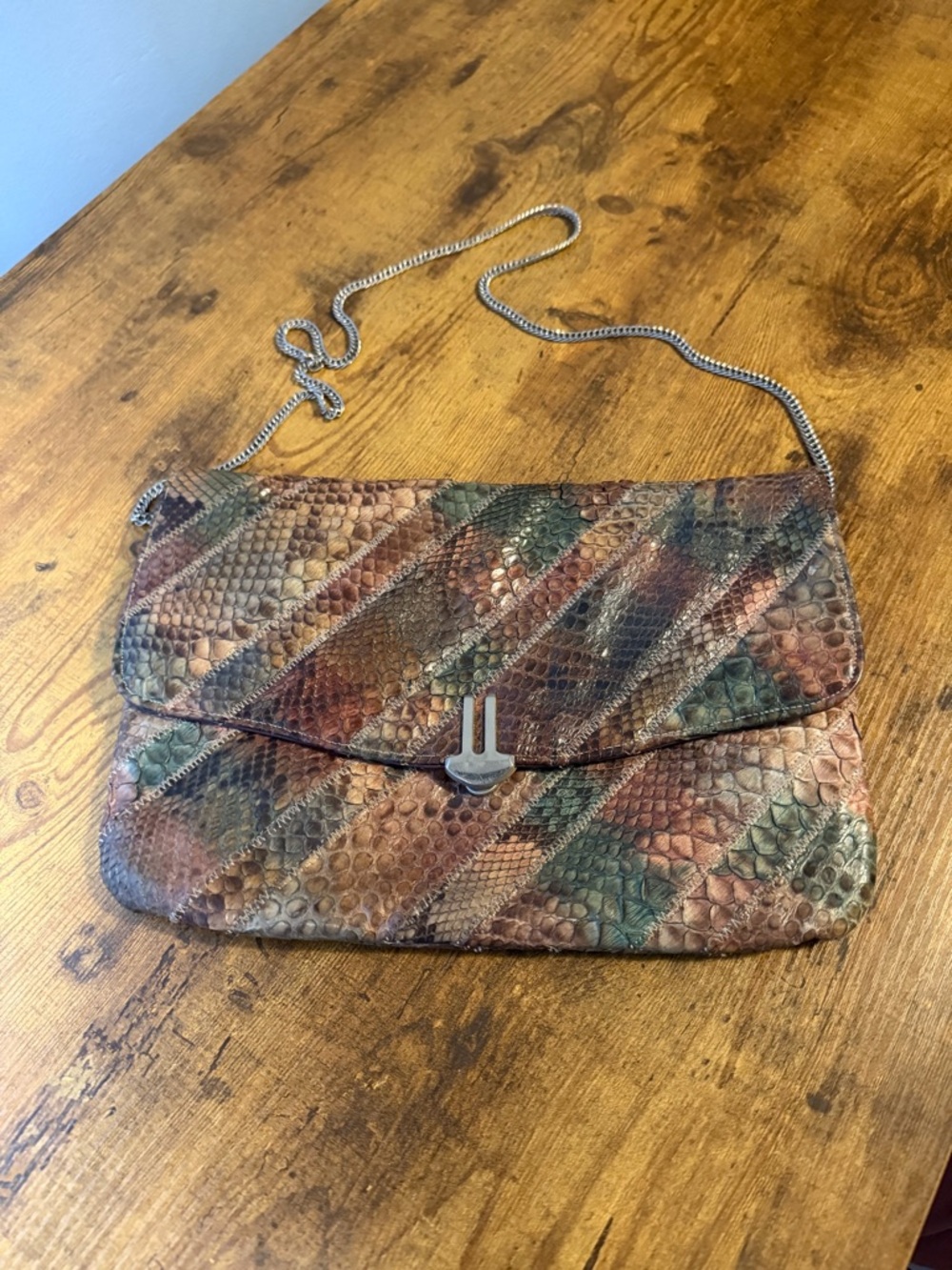 Vintage Varon Snakeskin Multicolored Leather Clutch with Chain Strap